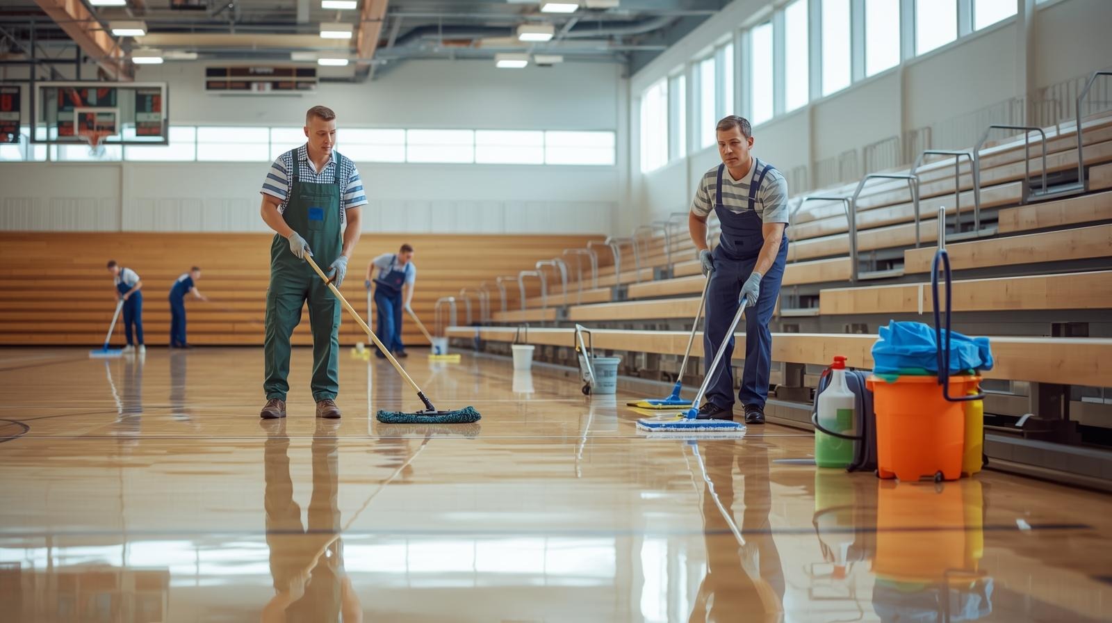 A diverse group of Caucasian men, all appearing to be professional cleaners, are depicted in a well-lit, spotless gymnasium. The image showcases them in action, with one man diligently polishing the gle (1)